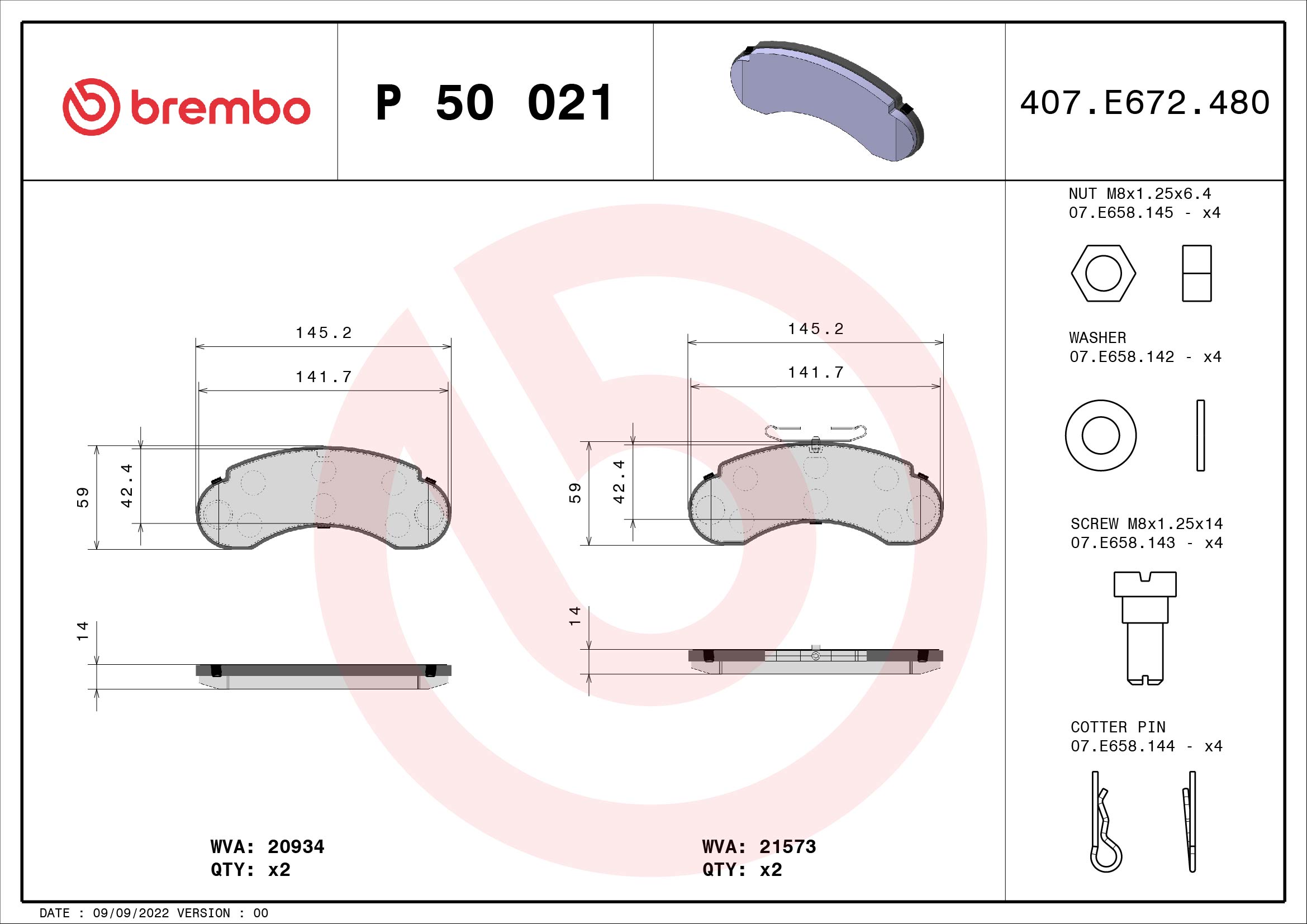 A.B.S. P 50 021 BREMBO Bremsbelagsatz, Scheibenbremse